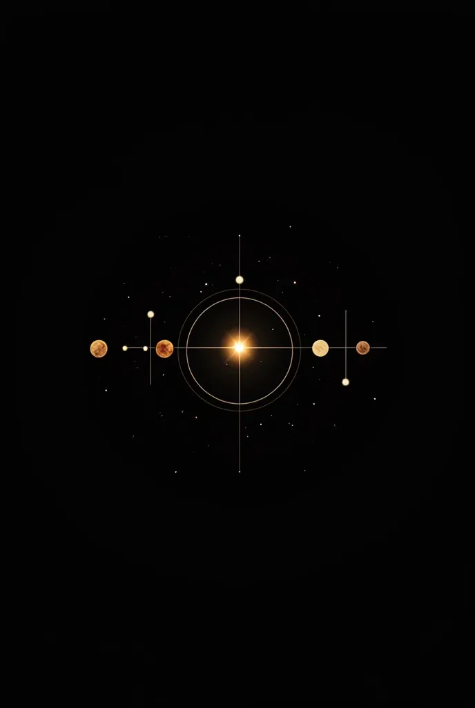 A minimalist and elegant space-themed design featuring thin golden or white lines forming aligned planets and a bright central star. The background is deep black, enhancing the contrast of the delicate celestial patterns. The composition is sleek and moder...