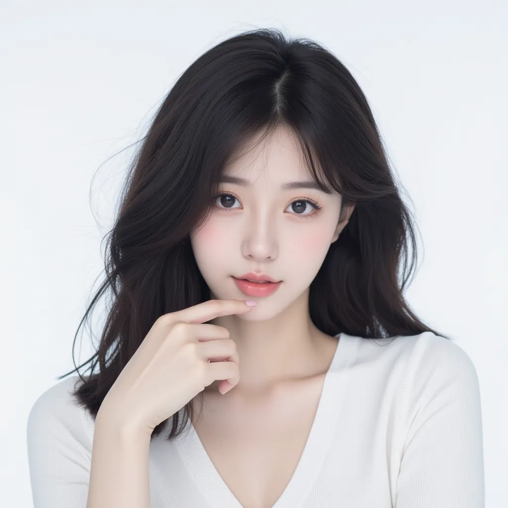 A kpop girl, korean, mid black hair, stunning, unique visual, looks like Jang Wonyoung, gorgeous,  Lucious hair, plain white background, basic, trainee photo 