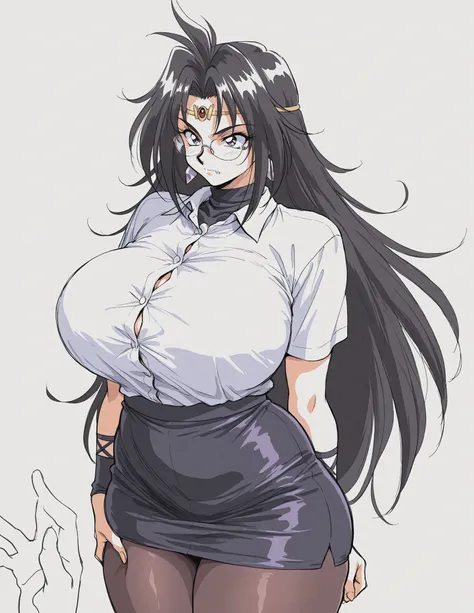 1girl, ((solo, alone)),  naga the serpent, purple eyes, retro artstyle, 1990s \(style\) , black hair, serious, fang, white shirts, button shirts, tite pencil skirt, glasses, pantyhose, teaching, huge breasts, huge butt,  plump, curvy, deep skin, thick thin...