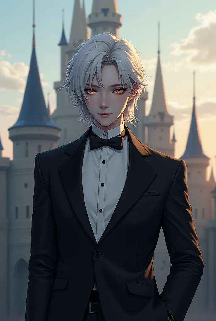 A 26 years old shadar kai male, with grey skin, orange eyes, platinum hair falling to his shoulders, wearing a tuxedo, prepared to go to the castle, with no accessories 