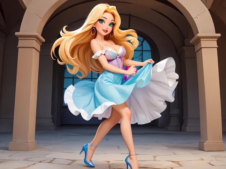 Disney-style Rapunzel walks towards the wiewer Hair Rapunzel's main feature is her golden-blonde hair. It's smooth and shiny, and often seen flowing freely. Eyes Her large emerald-green eyes are bright and expressive, often reflecting her curiosity and won...