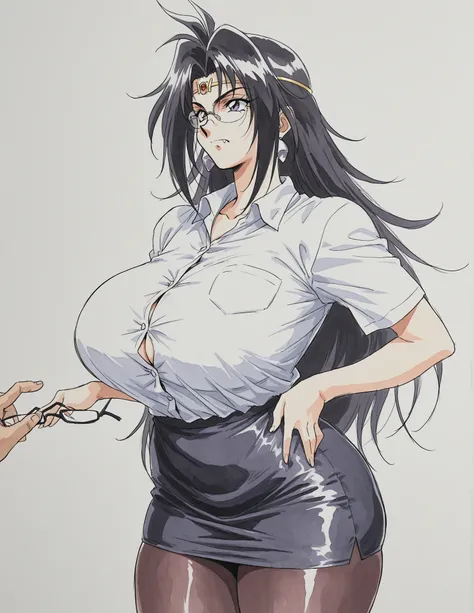 1girl, ((solo, alone)),  naga the serpent, purple eyes, retro artstyle, 1990s \(style\) , black hair, serious, fang, white shirts, button shirts, tite pencil skirt, glasses, pantyhose, teaching, huge breasts, huge butt, curvy, deep skin, thick things, tore...