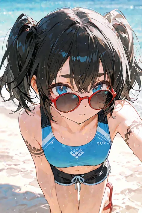 score_9, score_8_up , score_7_up , score_6_up , score_5_up , score_4_up , 4K, 8k,  1girl , Alone,Black short twintails ,blue eyes,blue  jogging bra, black hot pants,red beach sandals,face focus, depth of field,Oversized stylish sunglasses with round red fr...