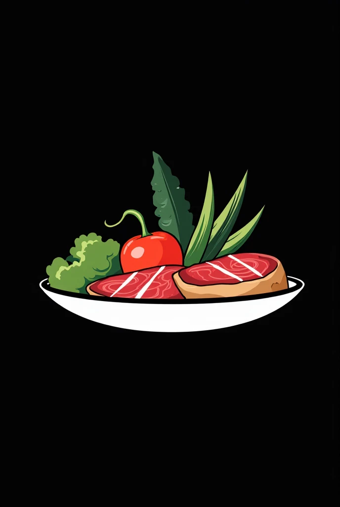 A logo with a black background and white image of a plate full of a balanced meat including meats and vegetables 