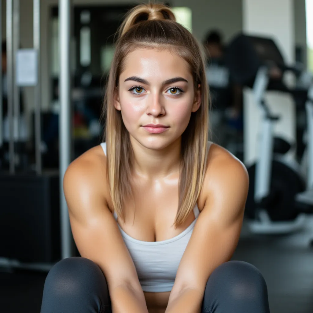 Woman is in the gym. She is sitting on sports equipment. Woman sweating. You can see the sweat.  ,  style photorealistic ,  sharp focus, very detailed, background fitness equipment , daylight, Detail,  full body