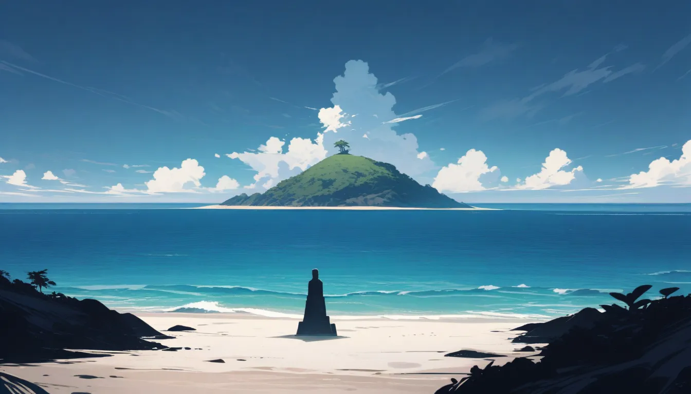 A hilly distant island in the distance, ocean, bright sky, sand, view from middle of sea, view from ship looking towards island, statue of a person at the top of the island