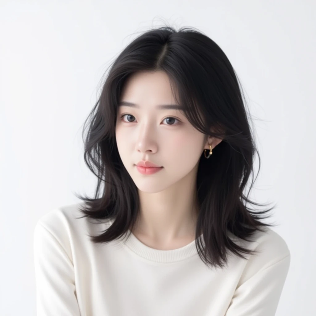 A kpop girl, korean, mid black hair, stunning, unique visual, looks like Jang Wonyoung, gorgeous,  Lucious hair, plain white background, basic, trainee photo 