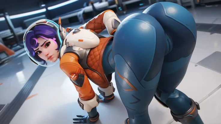 (pov: Behind), 1girl, Juno (overwatch 2), short hair, brown eyes, curvy waist, skinny, butt, small, bent over, big butt, exposed , Embarrassed, ass, jn0, space suit, purple hair, stretching, big ass in the camera pov 