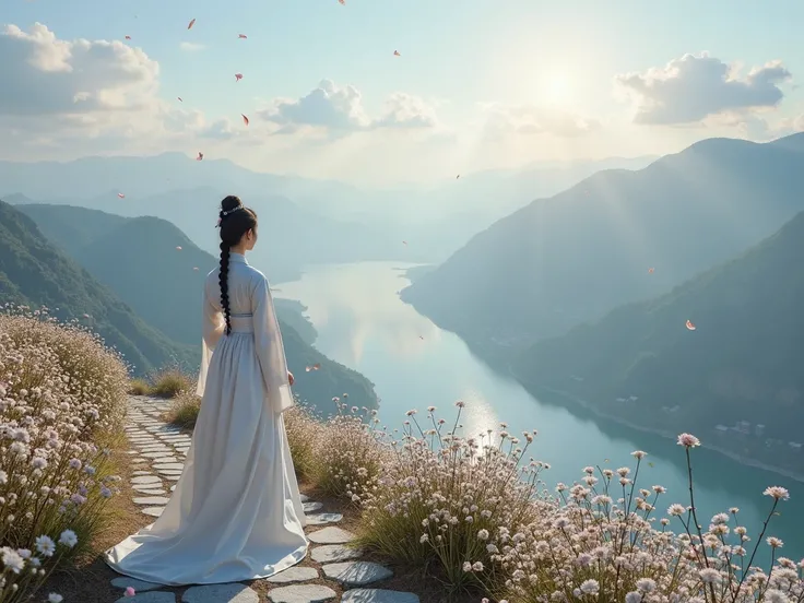 An ancient Korean woman wearing a white and blue Hanbok is standing on a high hill, on a stone-paved path, surrounded by white and pink flowers, it is a spring atmosphere, the petals are blown by the gentle wind, she looks at the beautiful scenery below, s...