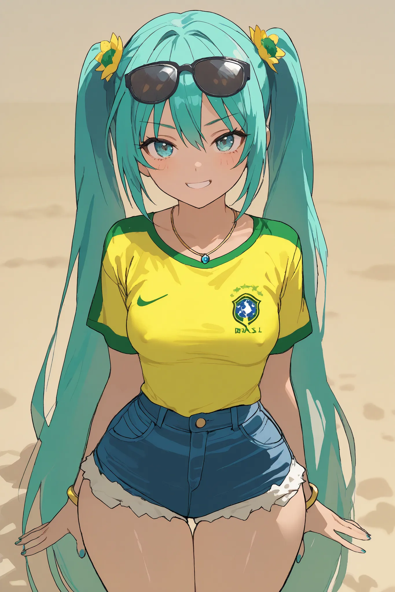 hatsune miku brazilian, ((girl making lewd penetration gestures)), ((girl full of naughty expression)), (young girl), BREAK girl, coquette girl, golden bracelets, necklaces, flower hair ornaments, dark glasses on the head, blue hair, twintails, long hair, ...