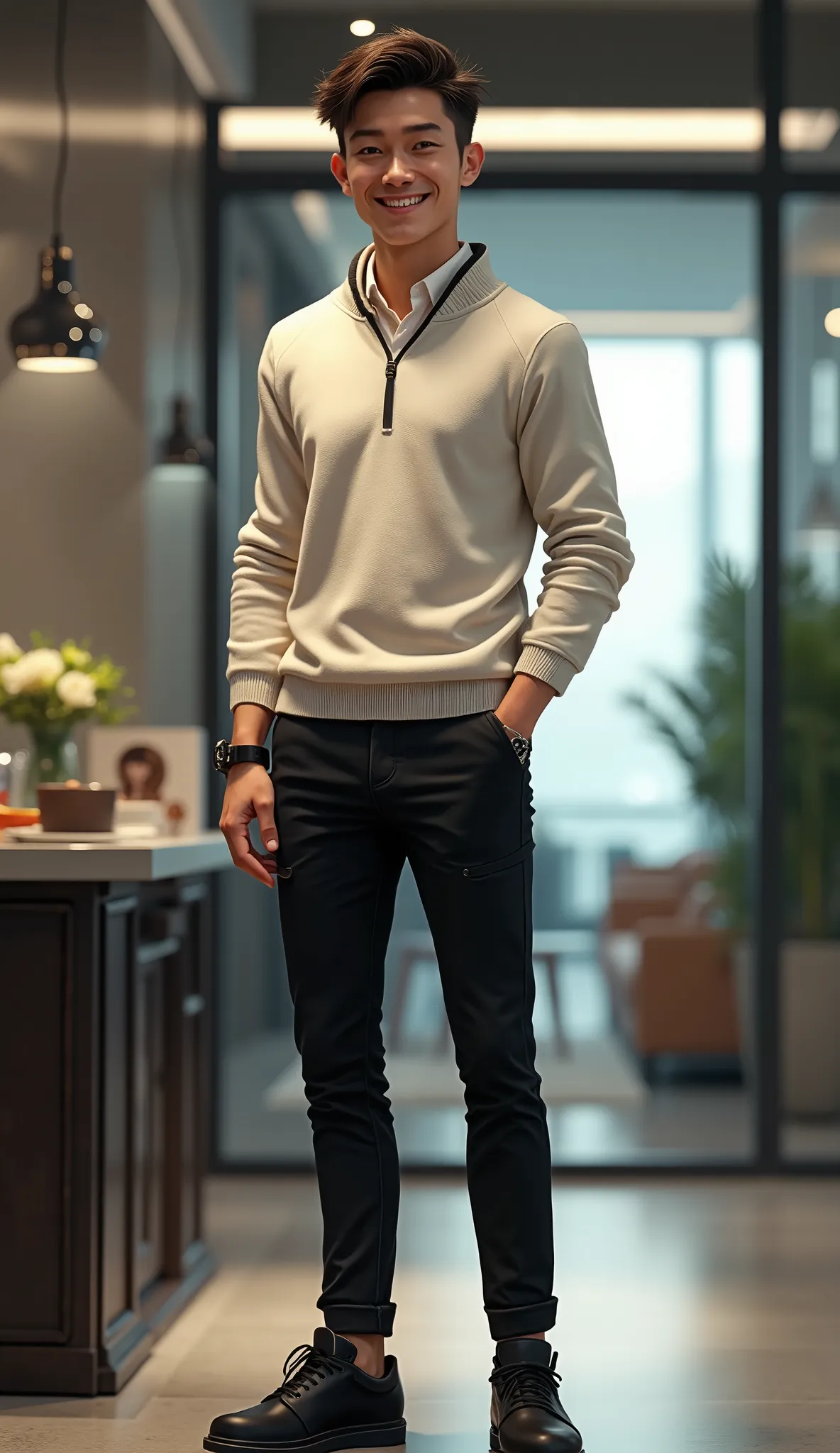 A young kind-hearted and skilled agent with a friendly smile and warm, expressive eyes. He has neatly styled, slightly tousled hair and a relaxed yet confident demeanor. His outfit is practical but stylish—a fitted white sweater with black accents, paired ...