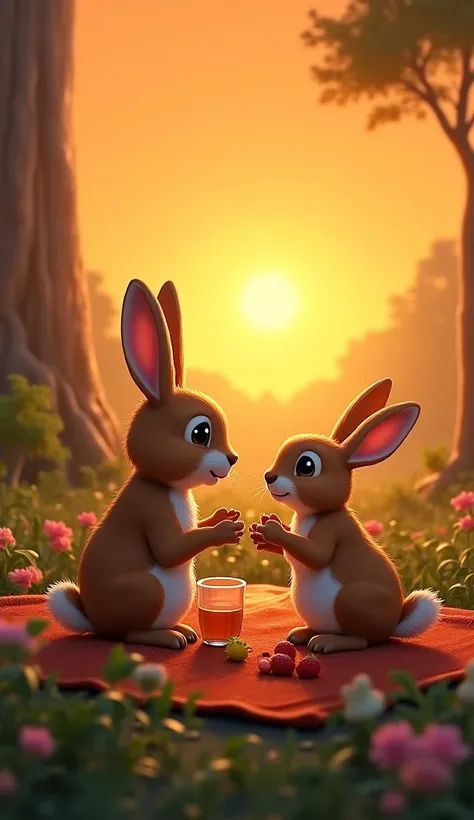 4. Rabbit Sharing Iftar
A beautiful iftar scene with rabbit banni sitting on a mat, sharing fruits and water with منی. The sky is orange, and the forest animals are gathered around, enjoying the meal together real images.