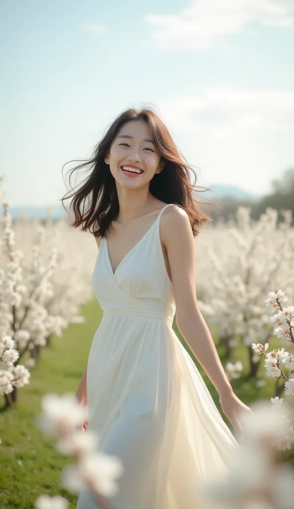 A cheerful young Korean woman with natural layer-styled hair flows freely in the gentle breeze as she stands joyfully in the middle of a vast pear blossom field. She wears an elegant white dress that flows gracefully, exuding a soft, dreamy, and romantic v...