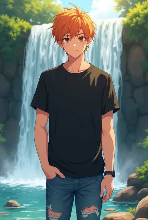 
Create an anime illustration of a man with soft orange hair and dark brown eyes is casually dressed in a black t-shirt and denim ripped jeans . He is contemplating a relaxed outdoor setting,  a cascade behind him or surrounded by nature. The sunlight high...