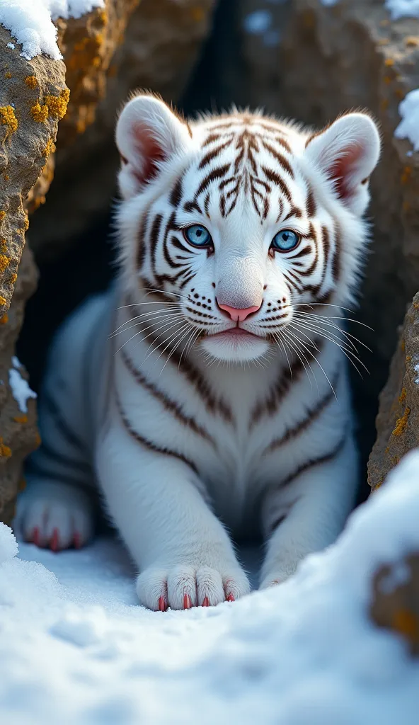 A hyper-realistic digital painting of an enchanting white tiger cub with mesmerizing icy blue eyes, nestled between rugged snow-covered rocks. The cub's thick, soft fur is pure white with delicate gray stripes, giving it a striking yet gentle appearance. I...