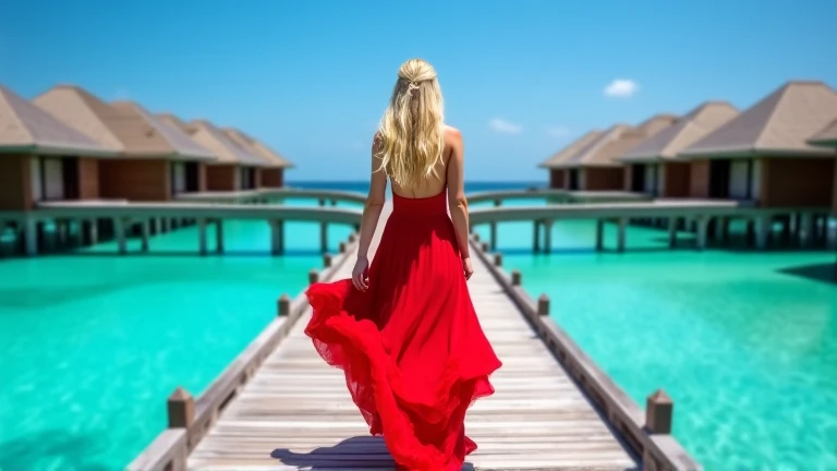 A blonde woman with long hair wearing an elegant Red flowing dress walks along a wooden bridge leading to overwater bungalows. The crystal-clear turquoise water surrounds the scene, reflecting the bright blue sky. A gentle breeze makes the edges of her dre...