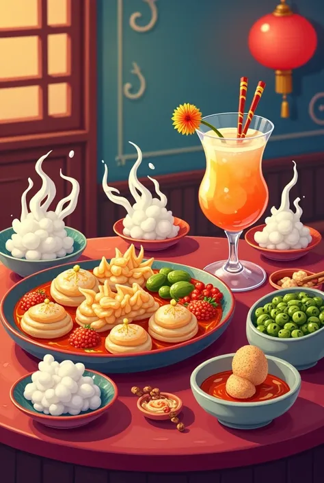 Chinese appetizer with ravioli, Rolls,  edamame , Dragon Clouds, Cantonese rice and an aperitif with sushi mix with cartoon style cocktail 