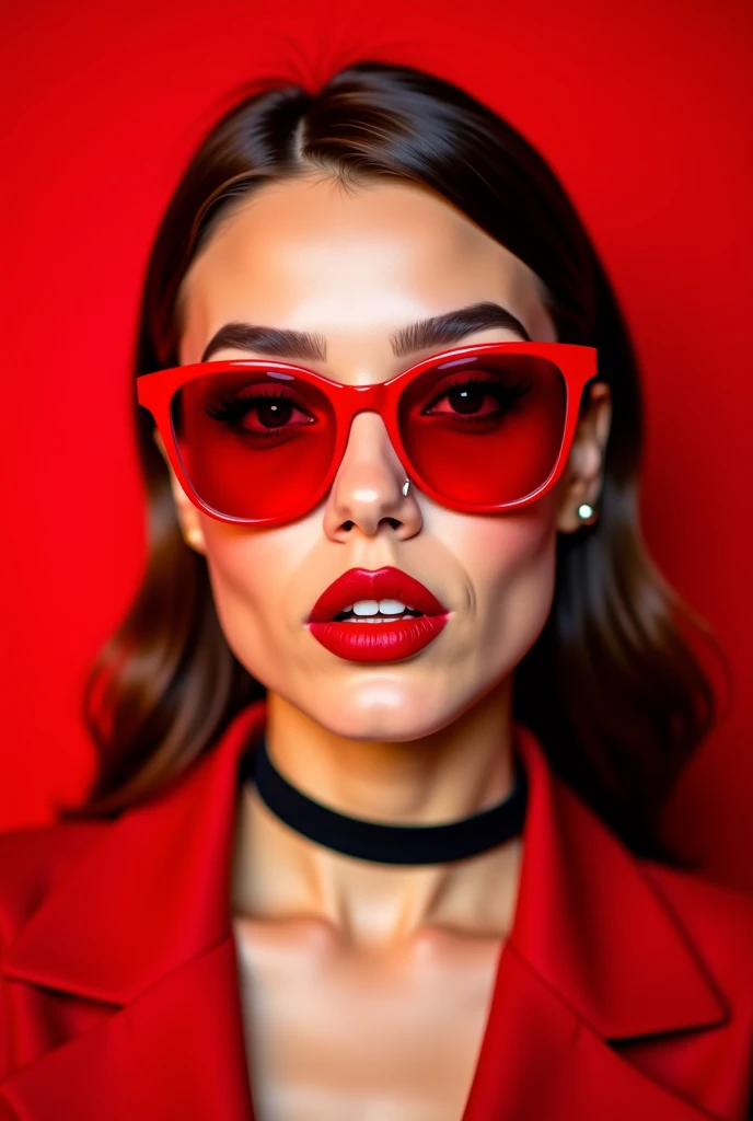 there is a woman wearing red glasses and a choke around her neck, wearing red tainted glasses, thick red lips, with sunglass, red sunglasses, small and thick red lips, girl wearing round glasses, ❤🔥🍄🌪, in red background, cheeky smile with red lips, woman w...