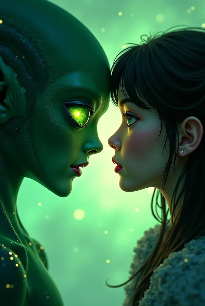 Make a cover for a ren's story about a green alien with a woman looking into each other's eyes, animated and leaving space above 