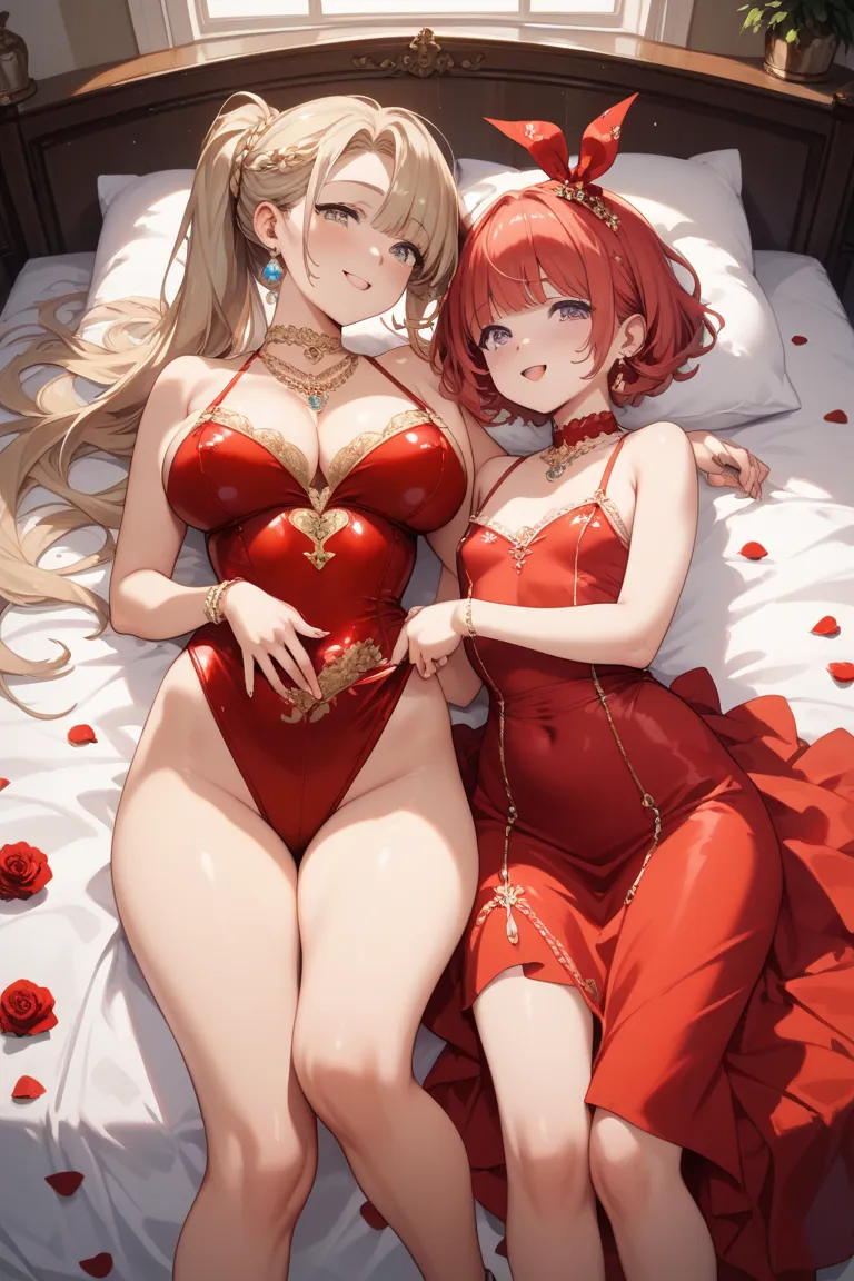 aName : Nanami 
Illustration style: fantasy painting style 
Main color: red 
Accent color: golden 
Race and Gender: humans/women 
age:  
Hairstyle and hair color: semi-long blond 
Outfit: sleeveless short open chest red dress 
body type: Breasts are big
Po...