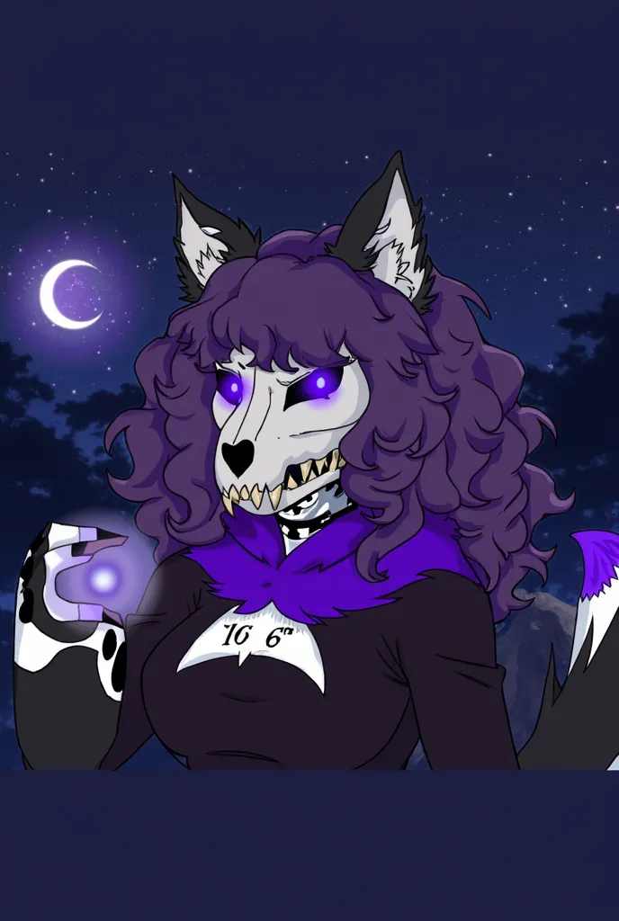 Create Boku no Hero Academia character, feminine gender, Anthropomorphic aspect of the Furry wolf, with a wolf's skull covering his face, medium curly purple hair, long tail black and white, Wolf hero costume, black eyes with bright purple pupil at night, ...