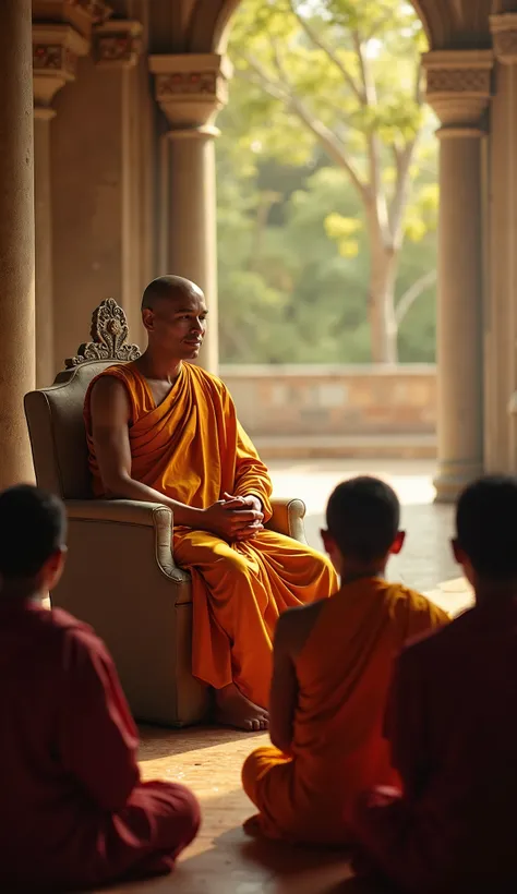 monk is teaching of the dharma to a group of pepole, monk is looking front, people looking at his eyes from siting on the ground  ,pepole should be infront of monk, monk is siting alone, pmonk is sri lankan, monk is siting on a chair, , A5 size , pepole sh...