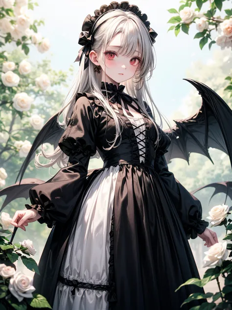 ( masterpiece),(4K),high quality,flat chest,1 girl, delicately drawn face ,a girl with a beautiful face, Beautiful Detailed Red Eyes,( high-definition and elegant ),Gothic Lolita Fashion,((Black and White Costumes )),(  Beautiful Silky White Hair  :1.3),( ...