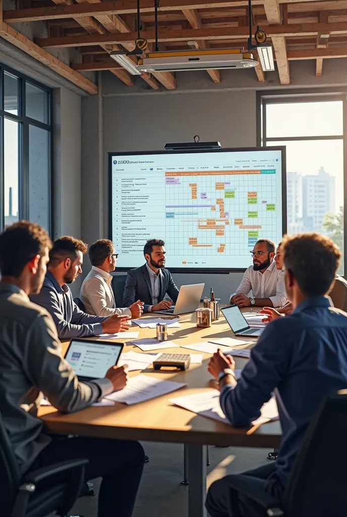 construction meeting room , construction planning, grantt chart, unfinished building background screen