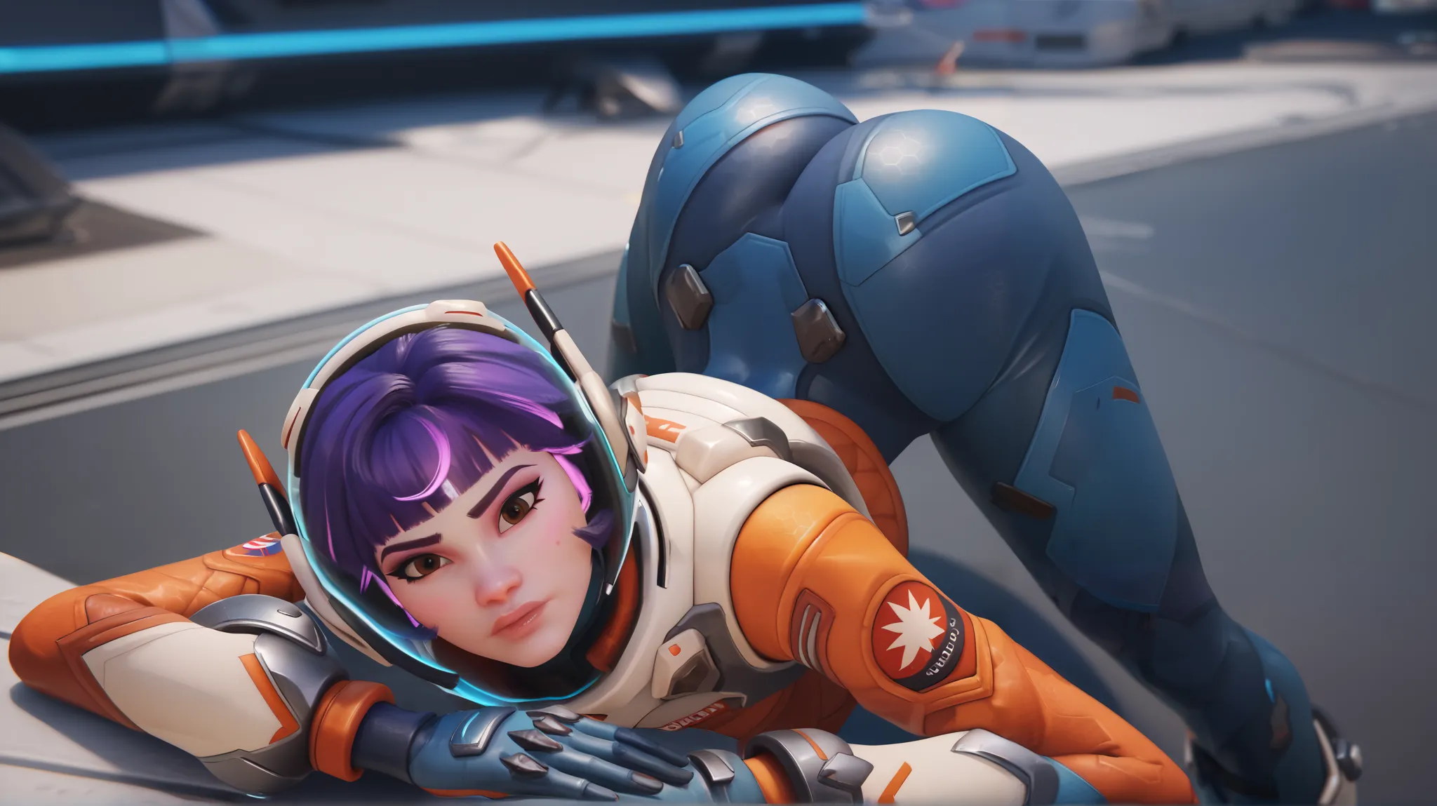 (pov: Behind), 1girl, Juno (overwatch 2), short hair, brown eyes, curvy waist, skinny, butt, small, bent over, big butt, exposed , Embarrassed, ass, jn0, space suit, purple hair, stretching, big ass in the camera pov 