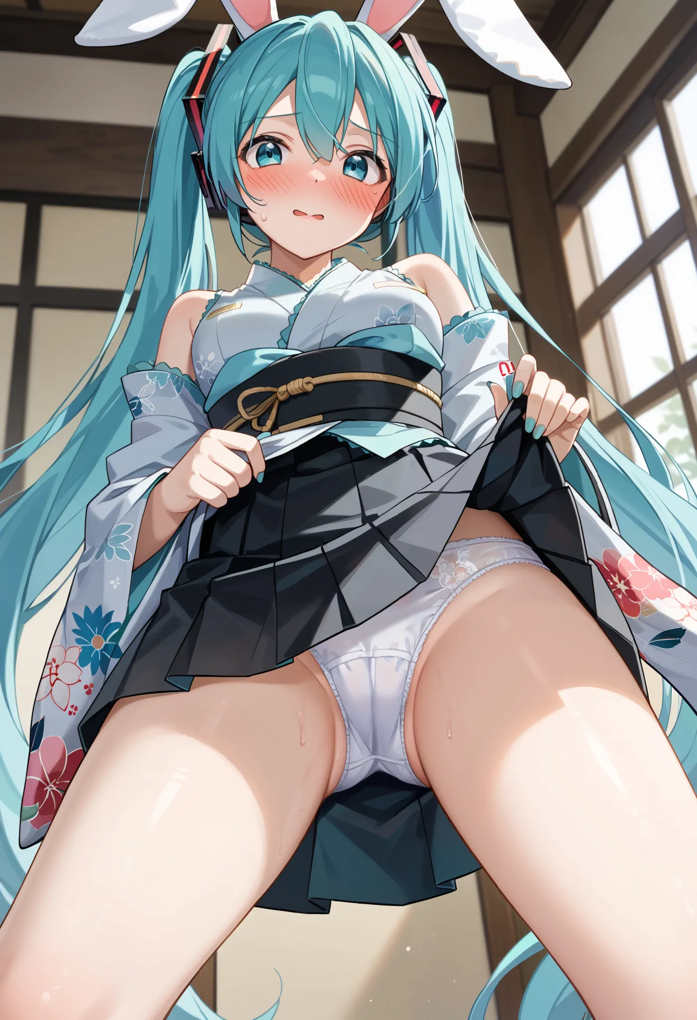 (((Hatsune Miku)))、(((ponytail)))、(((Short-sleeved kimono)))、(Japanese style)、(((black skirt)))、((Bunny ears))、(((Close-up)))、(((lift up the skirt)))、white panties、((blush))、(( ashamed))、 is embarrassing、 Ulchan-6500-v1.1, ( RAW photos :1.2),  beautiful de...