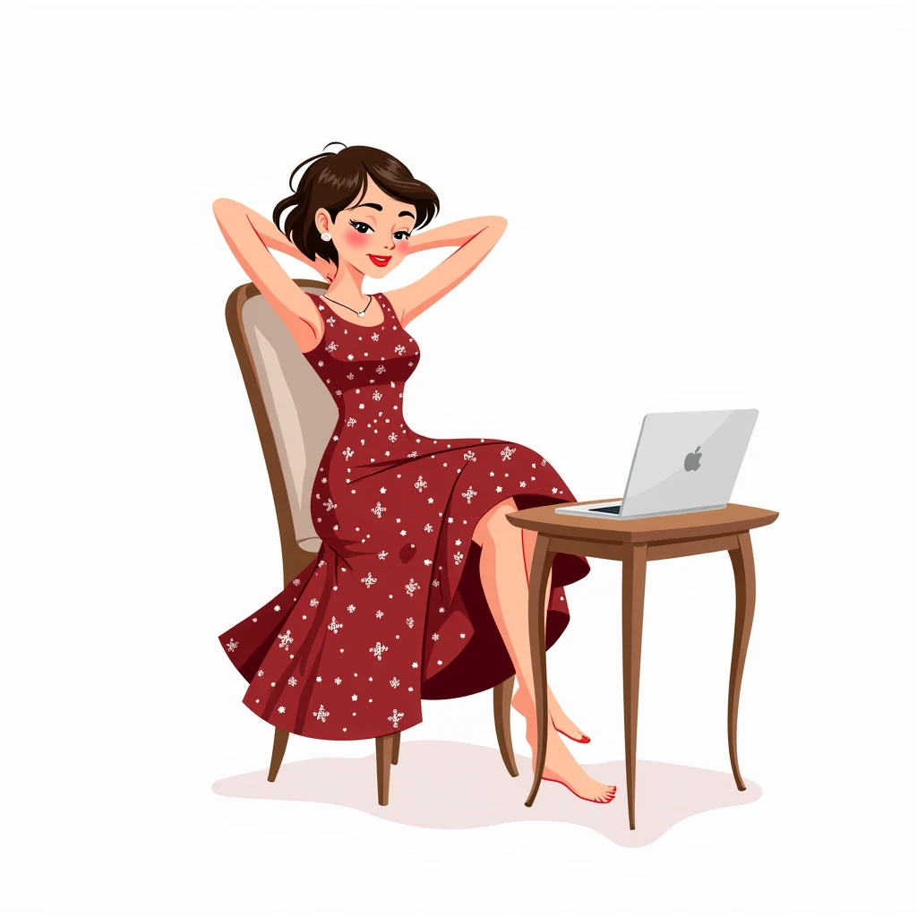 Present Continuous Prompt (Semi-Realistic Cartoon Art - White Background):
A stunning young woman, 27 years old, with short, stylish hair, is actively leaning back in a chair, stretching her arms as she takes a break. Her dark red floral dress flows slight...