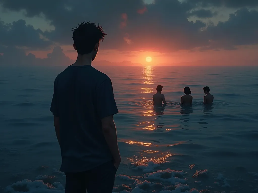 "An animated image of a vast, dark-themed seaside scene at dusk, where a young man is seen from behind, watching multiple romantic couples swimming in the sea, with a painting-like aesthetic."