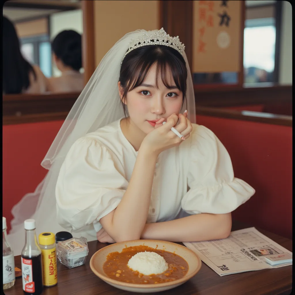 A Japanese woman sits alone at a traditional izakaya with tatami seating, dressed in a pure white wedding dress with a flowing veil and a sparkling tiara. She leans on the table, casually holding a cigarette between her fingers, her gaze distant yet subtly...