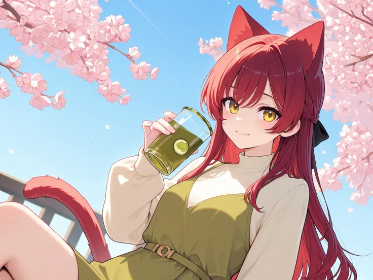 Anime neko girl.Fair skin.Long wine-red hair. Two noticeable strands that come out from under the bangs and reach almost to the shoulders. She smiles.Golden yellow eyes. Her cat ears are light brown, pointed, with pink channels.She is wearing an olive gree...