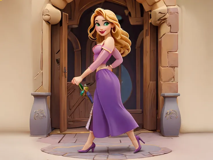 Disney-style Rapunzel walks towards the wiewer Hair Rapunzel's main feature is her golden-blonde hair. It's smooth and shiny, and often seen flowing freely. Eyes Her large emerald-green eyes are bright and expressive, often reflecting her curiosity and won...