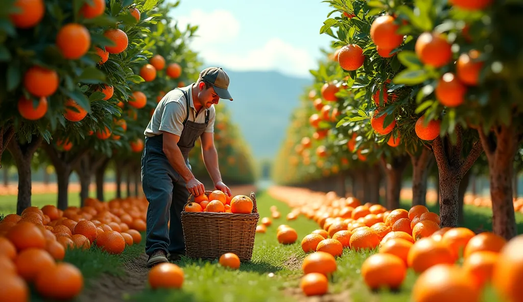 In the orange orchard, the trees are full of large oranges, and a gardener is filling his basket with oranges.