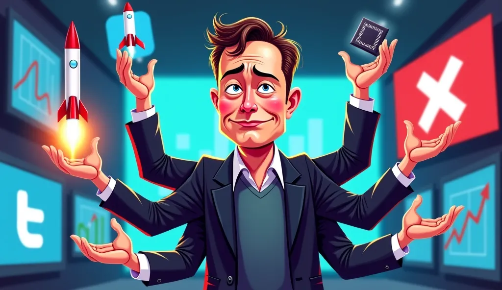 A dynamic caricature of Elon Musk in the center of the image, with multiple arms holding different symbols of his companies: a SpaceX rocket, a Tesla car, a Neuralink chip, and the X (Twitter) logo. He has a confident smile but tired eyes, conveying the in...