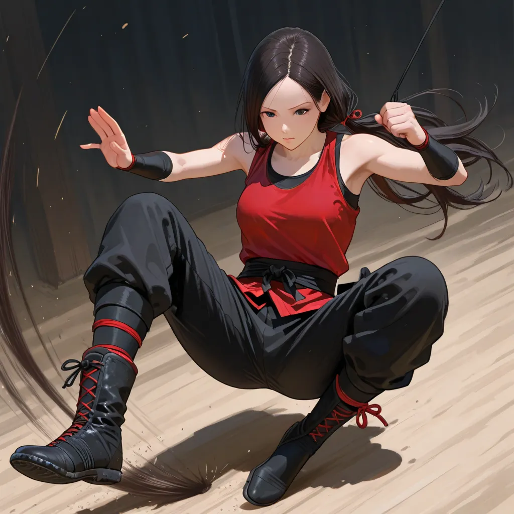 A ninja in red ninja style clothing,With a ninja in red ninja style clothing,tank top with black pants, With long hair tie your feet, no bangs, wearing a black contoured boot, In the air jumping while throwing a power with your hands  