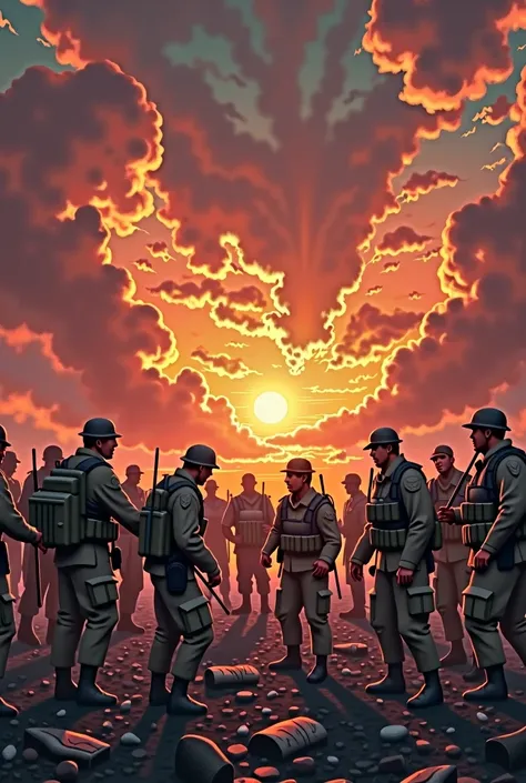 Show the end of a battle with dramatic skies and the sun setting slowly, with soldiers celebrating,  giving greetings , at the end of a completed mission
