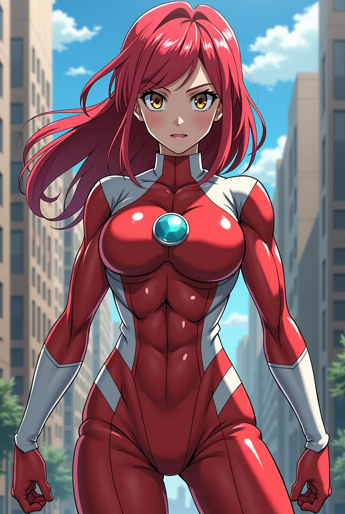 My Hero Academia Style , Anime girl, female, young female,muscular female,Full Body Shot,(fighting Pose:2),Long hair, Red Hair,  Brown Eyes,Hero Suit, Full Body Suit, red suit with white details,small round blue jewel in the center of the chest, perfect an...