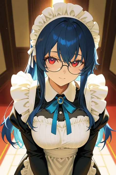 A full-body anime-style female character with short blue hair, red eyes, and glasses. She wears a classic maid outfit, consisting of a black dress with white frills, a white apron, and a maid headband. Her figure is curvy but elegant, with a confident yet ...