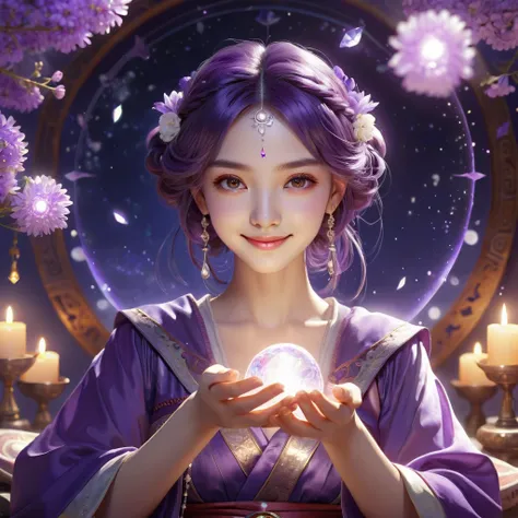 masterpiece, Best Quality, high detail,  beautiful and delicate eyes and face , Vivid Colors:1.3), Female fortune teller, she is smiling gently,Her hair is purple,anime slouching, throw, The background is a sparkling space of light with flowers dancing,He ...