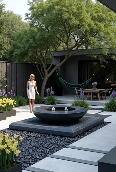 Professional 3D rendering of the design of a space in the garden in a very modern and very minimal and very luxurious style and a large stone bowl in dark blue, surrounded by black and dark blue and white pebbles. In the middle of this bowl there are blue ...