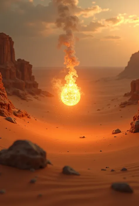 In the desert, a very small fireball falls from afar