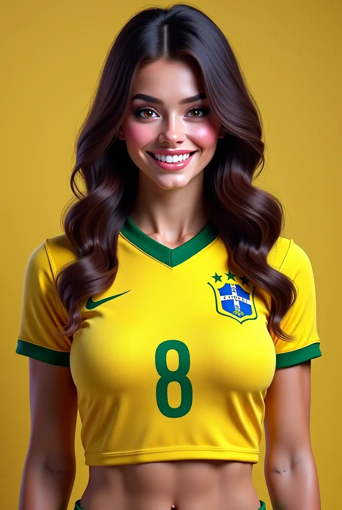  Sexy brunette girl ,  20 years old , athletic body, firm second size breasts, wearing brasil soccer team jersey, smiling, fit body , large breasts, (Best quality, 4K, 8k, high resolution, masterpiece: 1.2), ultra detailed, ( realistic, photo realistic, ph...