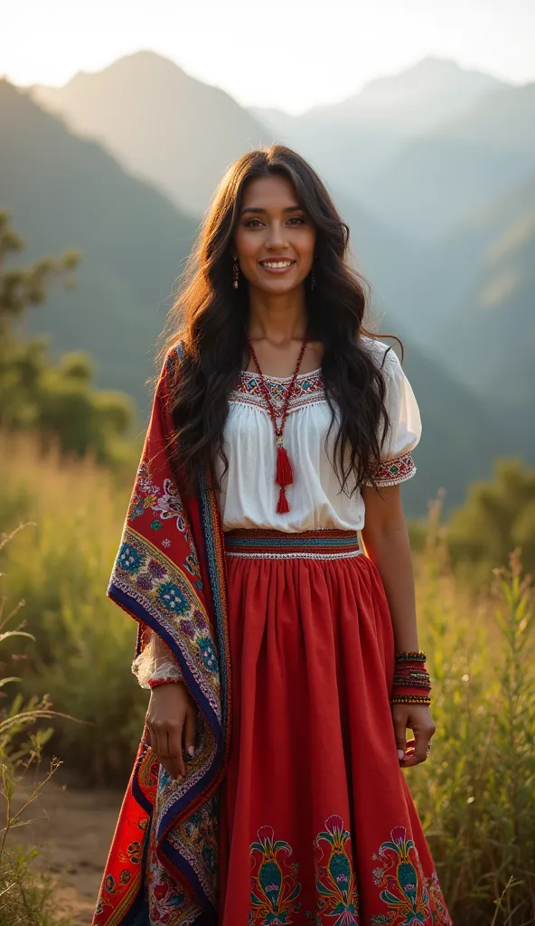 A beautiful Venezuelan woman dressed in traditional attire, standing gracefully in a picturesque Andean landscape. She has long, wavy dark hair, warm brown eyes, and a radiant smile. Her outfit consists of a vibrant and elegant long skirt adorned with flor...