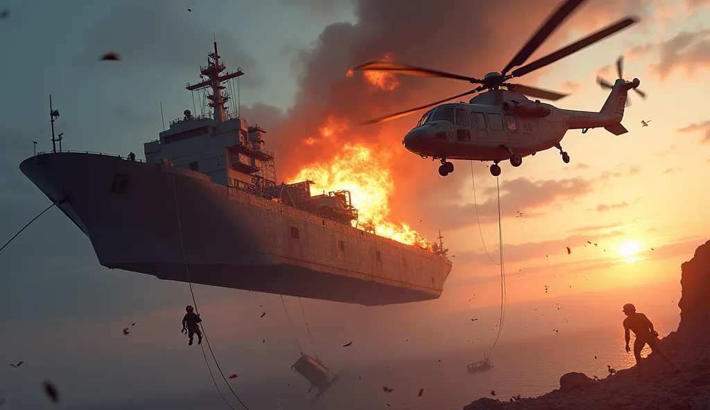 A cinematic action scene inspired by the game Teardown, designed to fit within a 1546×423 pixel resolution. The composition should focus on the central elements: a large, detailed voxel helicopter exploding mid-air, with fire and smoke filling the backgrou...