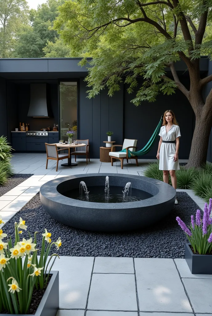 Professional 3D rendering of the design of a space in the garden in a very modern and very minimal and very luxurious style and a large stone bowl in dark blue, surrounded by black and dark blue and white pebbles. In the middle of this bowl there are blue ...