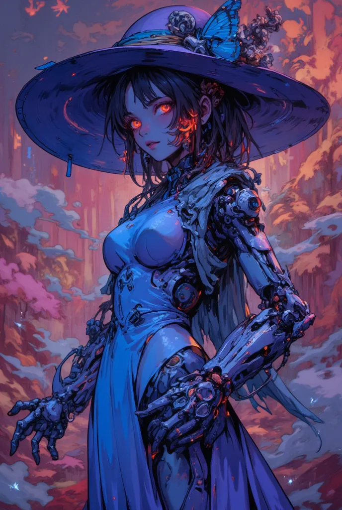 masterpiece, best quality, good quality, very awa, newest, highres, absurdres, 1girl, solo, breasts, red_eyes, dress, hat, medium_breasts, blue_dress, glowing, bug, robot, butterfly, glowing_eyes, shawl, joints, humanoid_robot, robot_girl, limited palette,...