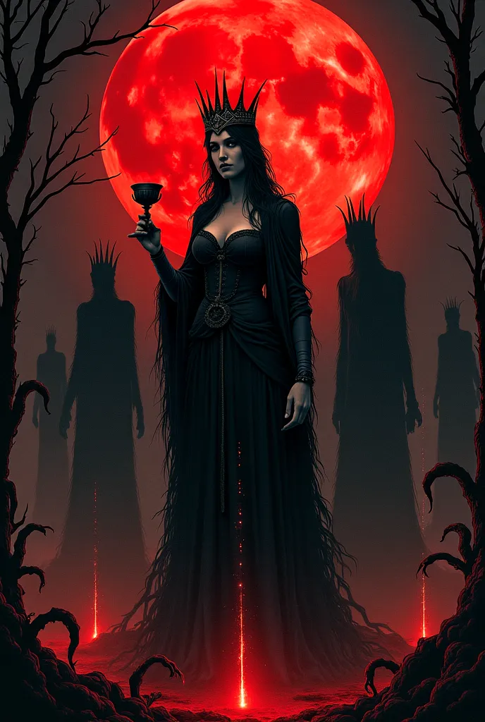  Queen of Cups demons behind her red moon black and red tarot palette nights cup in the hand of a mystic 